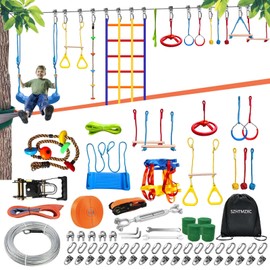 SZHTMZXC 2 x 65FT Ninja Warrior Obstacle Course for Kids Backyard Outdoor, Stainless Steel Rope 500lbs, Ninja Bottom Slackline, Monkey Bars, Climbing Net, Swing (65FT 13Pcs Ratchet Bottom Rope)