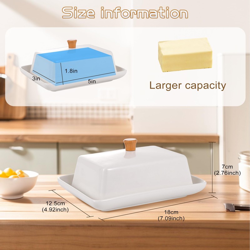TENINYU Ceramic White European Butter Dish with Lid for Countertop