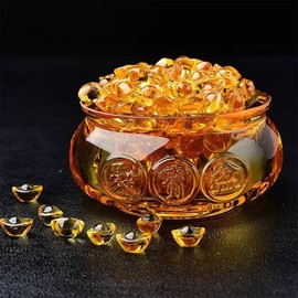 Feng Shui Golden Treasure Basin Lucky Money Toad and About 30 PCS Ingot Yuan Bao, 3in Crystal Glass Treasure Basin, 2in Golden Toad Ideal Adornment for Attracting Wealth, Office Home Decor