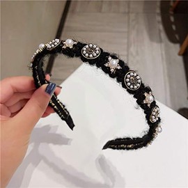 Aimimier Baroque Crystal Headband Bridal Vintage Faux Pearl Floral Crown Luxury Rhinestone Wide Hair Hoop for Wedding (Black)