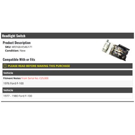 Marketplace Auto Parts Headlight Switch - Compatible with 1976-1980 Ford F-100 (from Serial Number C25000)