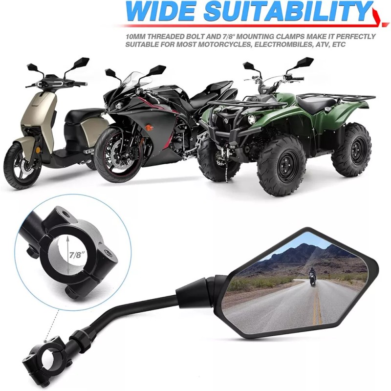 Dreamizer Motorcycle Rearview Mirrors + 7/8" Clamps For Yamaha Grizzly