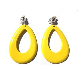 Clip-on Earrings Bohemian Wood Assorted Colors 3 inch Long Teardrop Hoop Silver Clip (Yellow)