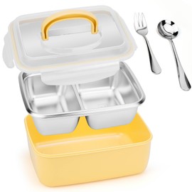 Lunbengo Leakproof Stainless Steel Bento Lunch Box with 2 Compartments, 8.7x6.6x3.9 inch Metal Food Container for Adult, Microwave & Dishwasher Safe, Meal Prep Storage Container with Utensils, 1600ml