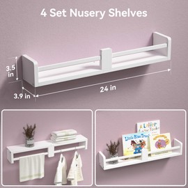 Boswillon 24 Inch White Nursery Book shelves, Floating Shelves Set of 4, Wall Mounted Hanging Shelves for Kids Room Wall, White Wall Shelves, Baby Book Shelves for Kids Bedroom Decor Organizer - White