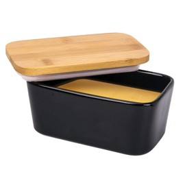 Arswin Butter Dish with Lid,Extra Large 650ml,Porcelain Keeper with Bamboo Lid Cover for 2 Sticks of Butter,Microwave Safe Easy Clean Butter Storage Container for Countertop Refrigerator (Black)
