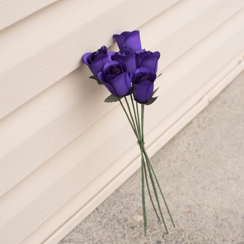 6 Purple Half Open Bud Wooden Roses for Crafts Custom