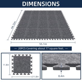 20 Pieces Sound Absorbing Interlocking Floor Mats, 11.8 x 11.8 x 0.4 inches High Density Felt Soundproof Pads Non-Slip Anti Vibration Puzzle Acoustic Blankets Piano Carpet Drum Rug, Gray