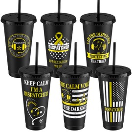 LemonRoad 6 Pcs 911 Dispatcher Gifts, 24oz Plastic Tumblers with Lid and Straw for Men Women Happy Dispatcher Week Party Favors Appreciation Birthday Retirement Gift