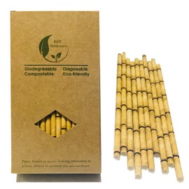 Bamboo Straws for Drinking, 100 Pack Disposable Yellow Bamboo Pattern Paper Straws for Tiki Cocktail Bar