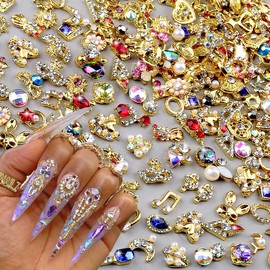 50pcs 3D Gold Nail Charms for Acrylic Nails Mix Styles Rhinestones for Nails Metal Nail Jewels for Nail Art Shiny Zircon Nail Rhinestones Alloy Nail Charm Pearl Nail Gems Cute Charms for Nails Design