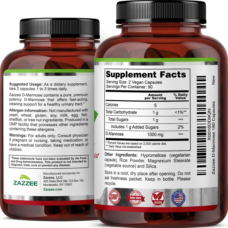Zazzee D-Mannose, 1000 mg per Serving, 180 Vegan Capsules, 3