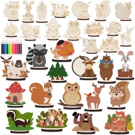 GUDELAK 16 PCS Woodland Animals Craft Kits for Kids, DIY Unfinished Wooden Art and Crafts for Kids Ages 4-8 8-12 with Color Pen, Wood Toddler Crafts DIY Kits for Centerpiece Table Decorations