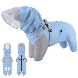 Duuclume Dog Raincoat,Waterproof Dog Jacket with Detachable Hood and Elastic Adjustable Buckles, Lightweight and Vivid 4 Legs Pet Rain Jacket with Breathable Mesh and Leash Hole (Blue, M)