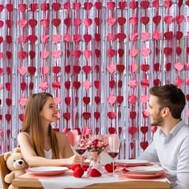 OQOQ Pink and Red Love Heart Tinsel Foil Fringe Curtains (4 Pcs) - 3.3 X 6.6 Ft Photo Booth Pink Backdrop for Mothers Day Valentines Proposal Engagement Birthday Wedding Party Decorations