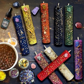 Handmade Beeswax Intention Candle Kit - 9 Manifestation Candle/Spell Candles with Attached Crystals for Love, Happiness, Protection & More for Rituals, Spells, Meditation, Manifesting and Wiccan Altar