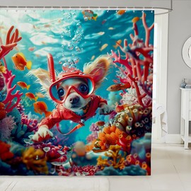 jejeloiu Cute Diving Dog Shower Curtain for Bathroom Decor 72" L x 72" W Kids Underwater Ocean Sea Chihuahua Bath Curtain Kawaii Puppy Bathroom Accessories Polyester
