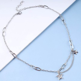 Cimenexe Bohemian Crystal Star Pendant Choker Necklace Silver Paper Clip Link Necklace Star Paperclip Chain Necklace Paved Star Collar Necklace Jewelry for Women and Girls Gifts