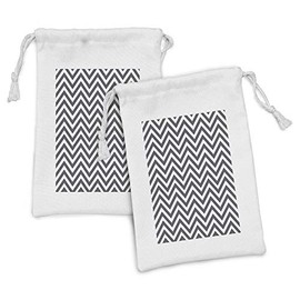 Lunarable Grey and White Fabric Pouch Set of 2, Zigzag Arrow Motifs from Cultures Grey Stripes with Retro Design, Small Drawstring Bag for Toiletries Masks and Favors, 9" x 6", Grey White