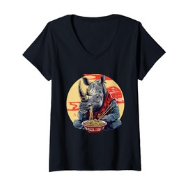 Womens Rhino Eating Ramen Kimono Japanese Noodles Rhino Ramen Bowl V-Neck T-Shirt