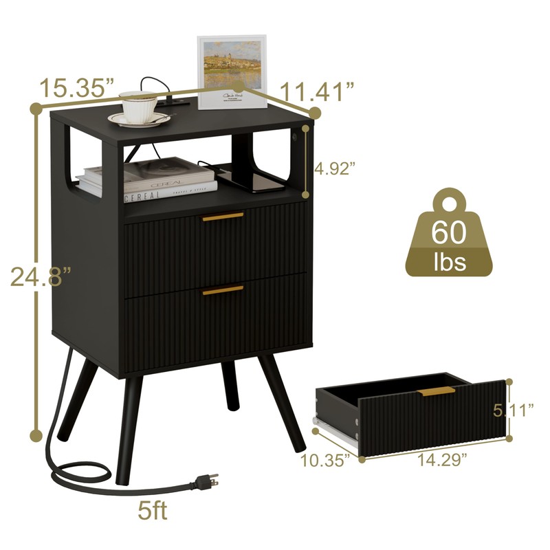JOONEE Black Nightstand with Charging Station and LED Lights,Modern Bedside
