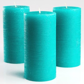 Set of 3 Pillar Candles 3" x 6" Unscented Handpoured Weddings, Home Decoration, Restaurants, Spa, Church Smokeless Cotton Wick - Turquoise