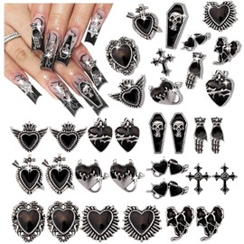 CharmeFleur Y2K 3D Chrome Gemstone Nail Charms Black Gothic Set with Cross Heart Tombstone Red Retro Designs DIY Bracelet Charms Black