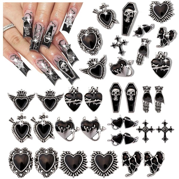 CharmeFleur Y2K 3D Chrome Gemstone Nail Charms Black Gothic Set
