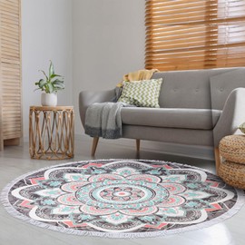 LIVILAN Round Boho Bohemian Mandala Beach Towel,Thick Microfiber Cute Circular Quick Drying Sand Free Beach Towel, Circle Towel Hippie Gifts for Women, 59 inches Madiation Tapestry with Tassels