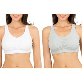 Fruit of the Loom Women's Shirred Front Sport Bra with Removable Pads, 2-Pack, White/Heather Grey, 34
