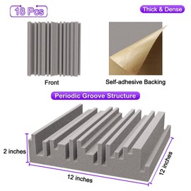 TroyStudio Self-adhesive Acoustic Foam Panels, 12 X 12 X 2 Inches 18 Pcs Broadband Sound Absorbing Foam, Dense Soundproof Padding Tile, Recording Studio Foam Absorber, Groove Decorative Wall Panel