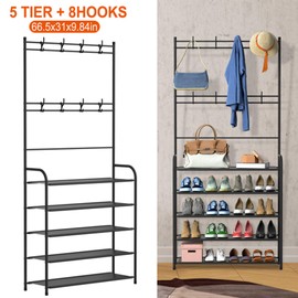 KOCASO 5-Tier Entryway Coat Rack Hat Rack, Entryway Shoe Rack With 4 Removable Hooks & 5-Tier Shelves, Freestanding Hall Tree Garment Hanger for Clothes Shoe Hat Bag for Entryway Bedroom Closet, Black