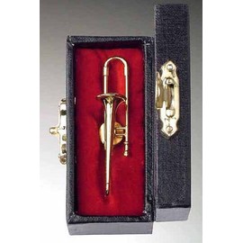 Gold Trombone Pin w Instrument Case Musical Gift New