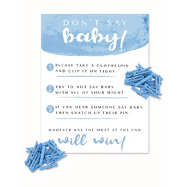 Don't Say Baby Game for Boy with Blue Clothespins for Baby Shower and 5 x 7 Sign - 30 People