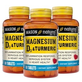 MASON NATURAL MASON NATURAL Magnesium & Vitamin D3 with Turmeric - Healthy Heart and Nervous System, Strengthens Bones and Muscles, Improved Joint Health, 60 Tablets (Pack of 3)