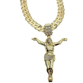 14K Gold Plated Jesus Body Pendant 3.5" Crucifix 33" Cuban Link Hip Hop Chain
