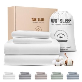 TWK 1200 TC 100% Egyptian Long-Staple Cotton Bedding Sheets Set, Luxury Hotel Style Deep Pocket with Elastic Reinforced Seams Sheet Set, Soft & Comfy Natural Sheets (White, King)