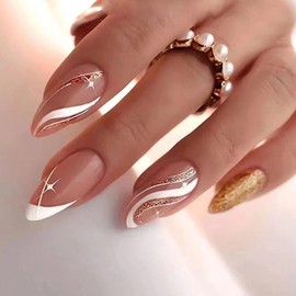24 Pcs French Tip Press on Nails Medium Almond Fake Nails Golden Glitter False Nails Press ons Full Cover Nail Tips with White Star Ripple Design Acrylic Nail Kit Stick on Nails for Women