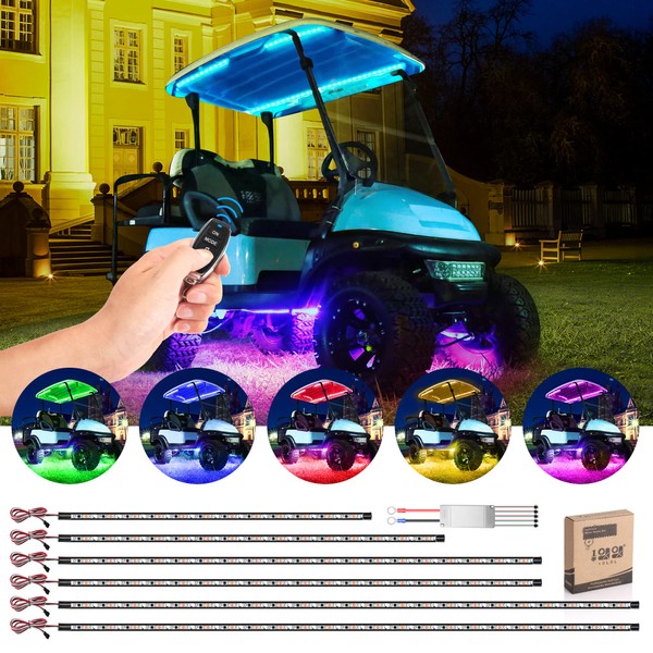 10L0L Golf Cart Underglow LED Light Strip Kit with Canopy Lights, 24 Modes Glow Neon Underbody Lighting with Wireless Remote Control, Sound Active, Water Resistant Flexible Tubes 6pc