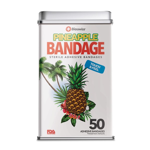 BioSwiss Bandages, Pineapple Shaped Self Adhesive Bandages, Latex Free Sterile Wound Care, Fun First Aid Kit Supplies for Kids, 50 Count