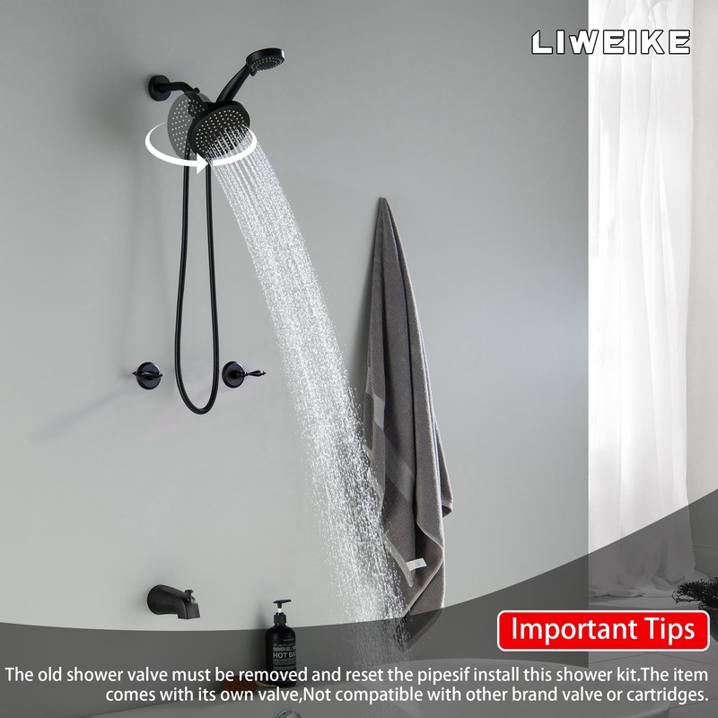 LIWEIKE Matte Black 2 Handle Shower Faucet Set, Wall Mount