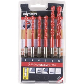 ALPEN 100802100 Carbide Universal Drill Bit Set Professional Multicut 1/4 Inch Hex Shank 4-10 mm 6-Piece Set Silver