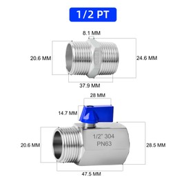 TAILONZ 1pc 1/2PT Male x1/2PT Female Ball Valve Kit 304 Stainless Steel with Blue Handle and Fittings