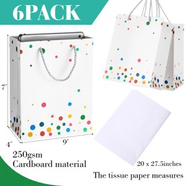 Humyoun 6 Pack Medium Gift Bags with Tissue Paper 7 x 4 x 9 Easter Thick Gift Bags Wrap with Handles Polka Dots Tissue Paper for Birthday Graduation Baby Shower Wedding Mother's Day(White, Colorful)