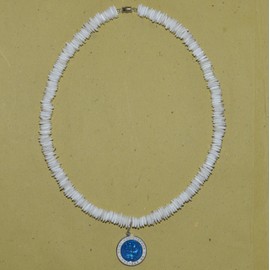 Native Treasure 16" inch Mens and Womens Original St. Christopher Blue and White Medal, White Clam Chips ARK Shell Tropical Jewelry Summer Beach Surfer Necklace From the Philippines