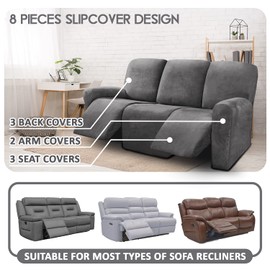 ULTICOR Velvet 8-Pieces Recliner Sofa Covers Stretch Reclining Couch Covers for 3 Cushion Reclining Sofa Slipcovers Furniture Covers Thick Soft Washable (3 Seater Recliner Cover, Dark Gray)