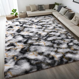 DweIke Fluffy Black White Gold Rugs for Bedroom Living Room, 4x6 Feet Soft Plush Shaggy Tie-Dyed Girls Boys Kids Rug, Upgraded Non-Slip and Machine Washable Carpet for Dorm Nursery Classroom Decor