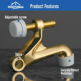 HOMOTEK 2 Pack Hinge Pin Door Stoppers, Hing Door Stops, Adjustable Deluxe Heavy Doorstops for Top of Door, Door Hinge Stoppers with White Rubber Bumper Tips, Bright Brass