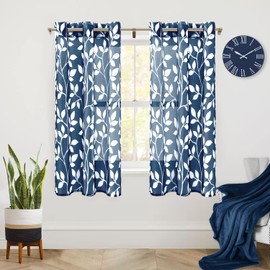 XTMYI Navy Blue Sheer Curtains 72 Inches Long for Bay Window 2 Panels Set Grommet Semi Sheer Light Filtering Leaf Pattern Design Printed Window Drapes for Living Room Bedroom