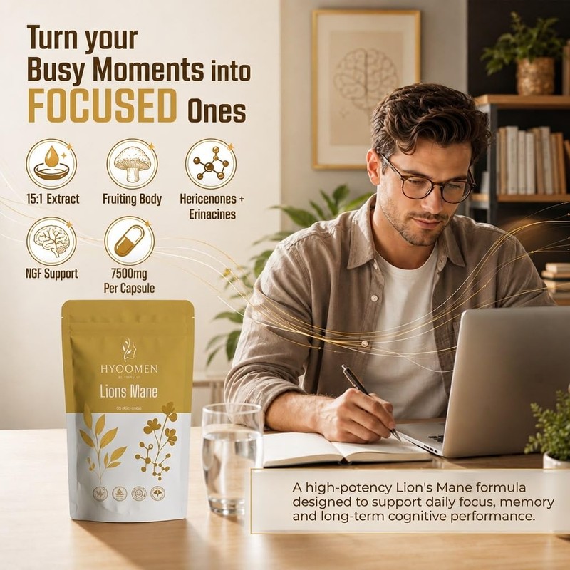 Hyoomen Lion's Mane Capsule for Brain and Cognitive Support, Hericium